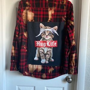 Upcycled Custom Bleached Plaid Button Down Shirt Mens Unisex Large XL black/red